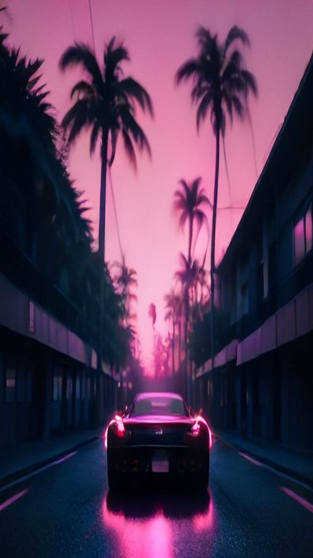 Original neon retro-Miami coastline artwork, no trademarked characters or logos